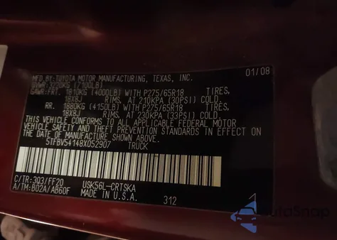 2008 Toyota Tundra Sr5 5.7L V8 из США, поврежденный, VIN 5TFBV54148X052907